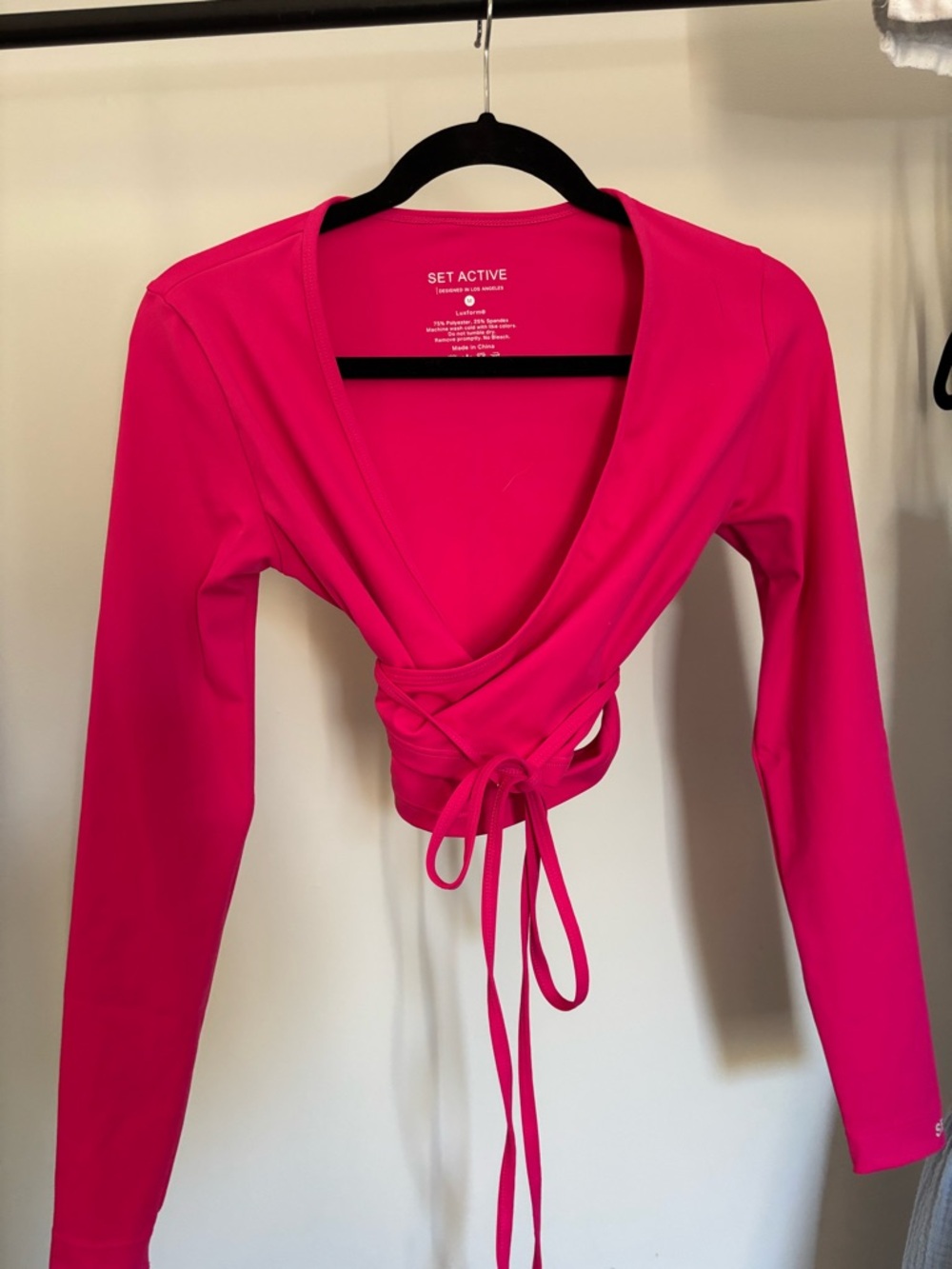 SET Active Hot Pink Wrap-Front Long Sleeve Wrap Top
